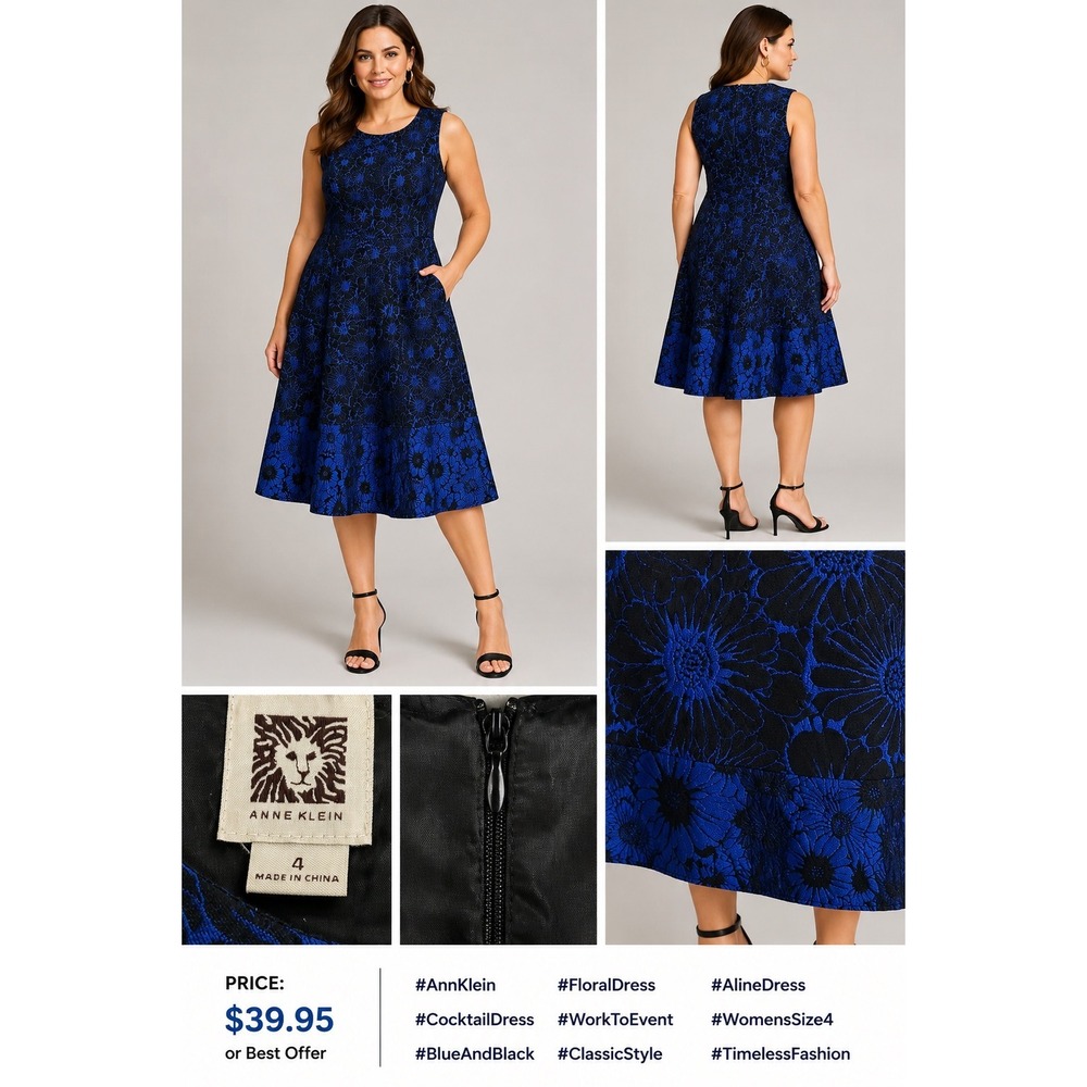 Anne Klein Blue Black Burnout Floral Fit Flare Dress Women Size 4 Cocktail